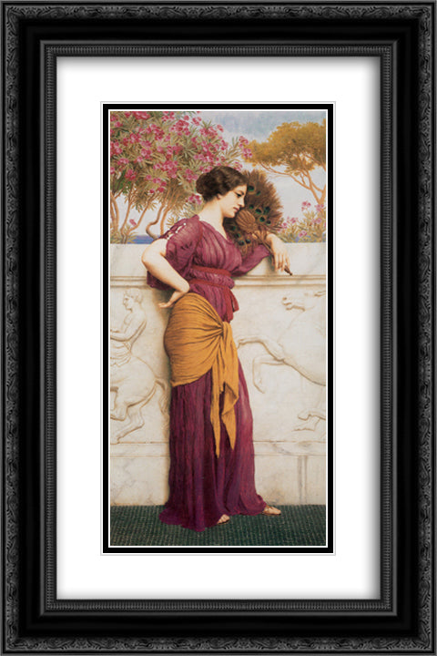 The Peacock Fan 16x24 Black Ornate Wood Framed Art Print Poster with Double Matting by Godward, John William