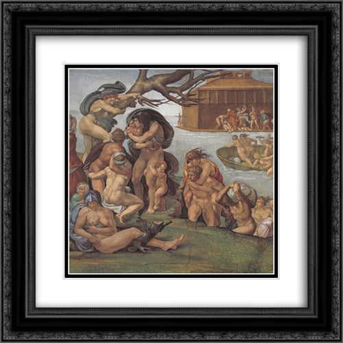 Ceiling of the Sistine Chapel: Genesis, Noah 7-9: The Flood, left view 20x20 Black Ornate Wood Framed Art Print Poster with Double Matting by Michelangelo