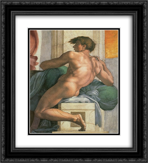 Ceiling of the Sistine Chapel: Ignudi, next to Separation of Land and the Persian Sybil [right] 20x22 Black Ornate Wood Framed Art Print Poster with Double Matting by Michelangelo