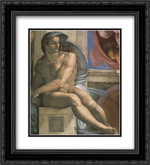 Ceiling of the Sistine Chapel: Ignudi, next to Separation of Land and the Persian Sybil [left] 20x22 Black Ornate Wood Framed Art Print Poster with Double Matting by Michelangelo