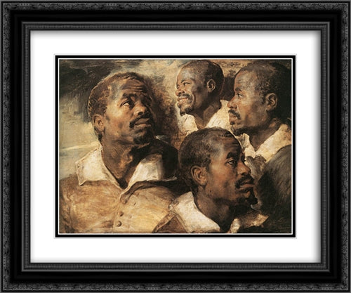 Four Studies of the Head of a Negro 24x20 Black Ornate Wood Framed Art Print Poster with Double Matting by Rubens, Peter Paul