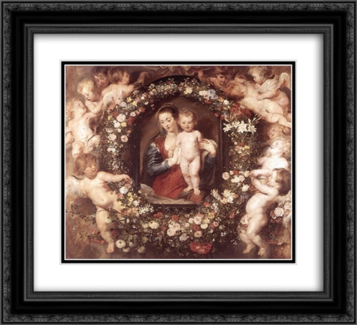 Madonna in Floral Wreath 22x20 Black Ornate Wood Framed Art Print Poster with Double Matting by Rubens, Peter Paul