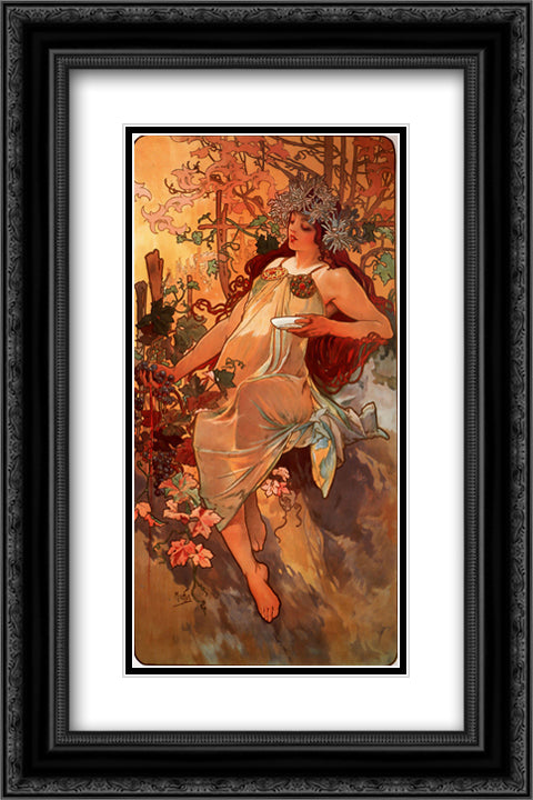Autumn 16x24 Black Ornate Wood Framed Art Print Poster with Double Matting by Mucha, Alphonse