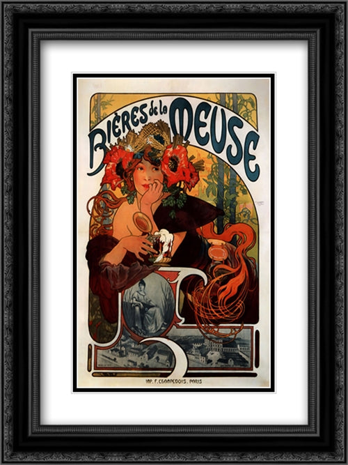 Bieres de la Meuse 18x24 Black Ornate Wood Framed Art Print Poster with Double Matting by Mucha, Alphonse