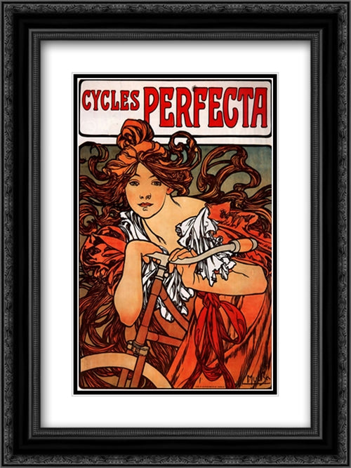 Perfecta Cycles 18x24 Black Ornate Wood Framed Art Print Poster with Double Matting by Mucha, Alphonse