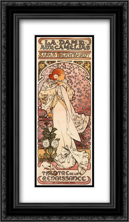 La Dame aux Camelias 14x24 Black Ornate Wood Framed Art Print Poster with Double Matting by Mucha, Alphonse