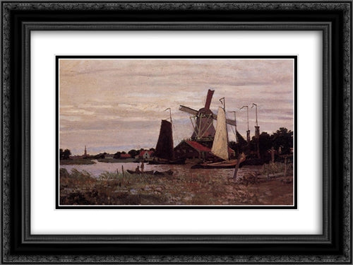 A Windmill at Zaandam 24x18 Black Ornate Wood Framed Art Print Poster with Double Matting by Monet, Claude