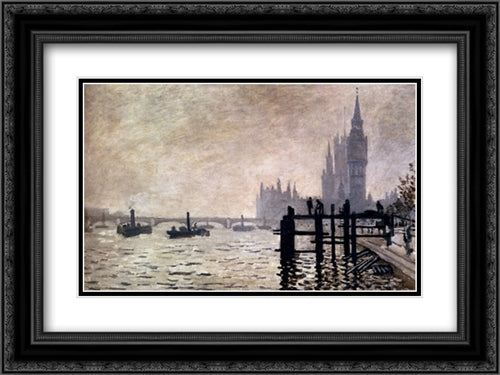 The Thames And The Houses Of Parliament 24x18 Black Ornate Wood Framed Art Print Poster with Double Matting by Monet, Claude