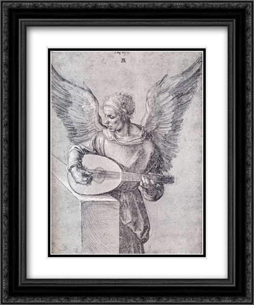 Winged Man, In Idealistic Clothing, Playing a Lute 20x24 Black Ornate Wood Framed Art Print Poster with Double Matting by Durer, Albrecht