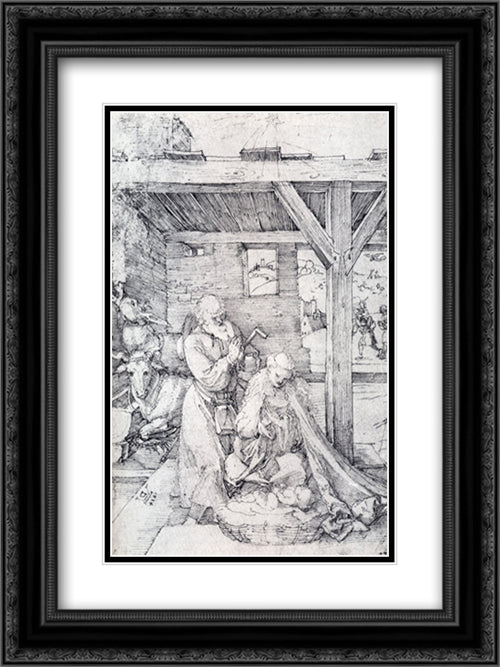 The Nativity: Adoration Of The Christ Child In The Stables with The Virgin And St. Joseph 18x24 Black Ornate Wood Framed Art Print Poster with Double Matting by Durer, Albrecht