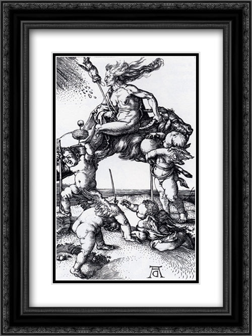 Witch Riding Backwards On A Goat 18x24 Black Ornate Wood Framed Art Print Poster with Double Matting by Durer, Albrecht