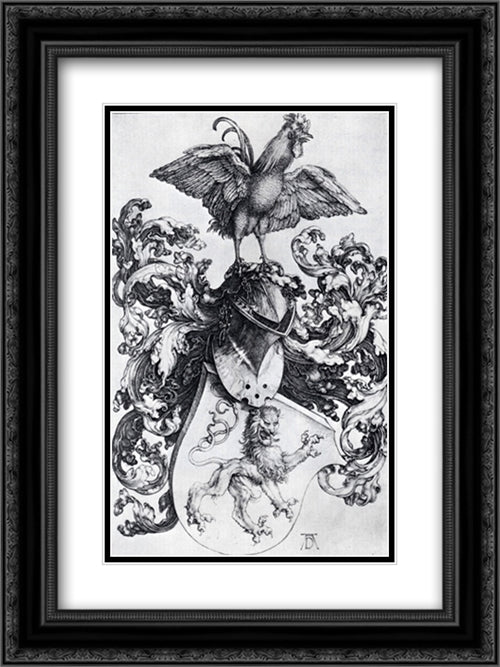 Coat-Of-Arms With Lion And Rooster 18x24 Black Ornate Wood Framed Art Print Poster with Double Matting by Durer, Albrecht