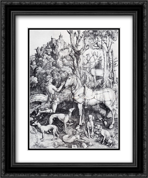 St. Eustace 20x24 Black Ornate Wood Framed Art Print Poster with Double Matting by Durer, Albrecht