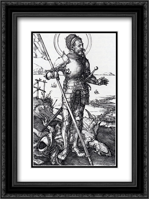 St. George On Foot 18x24 Black Ornate Wood Framed Art Print Poster with Double Matting by Durer, Albrecht