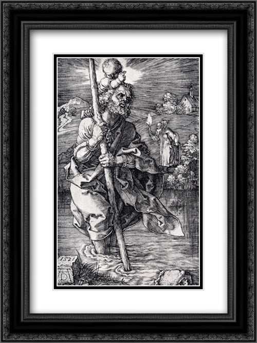 St. Christopher Facing To The Right 18x24 Black Ornate Wood Framed Art Print Poster with Double Matting by Durer, Albrecht