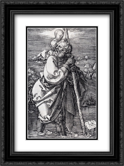 St. Christopher Facing To The Left 18x24 Black Ornate Wood Framed Art Print Poster with Double Matting by Durer, Albrecht