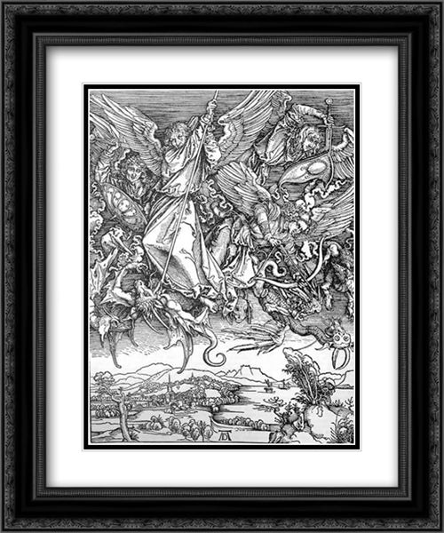 St. Michael's Fight Against the Dragon 20x24 Black Ornate Wood Framed Art Print Poster with Double Matting by Durer, Albrecht