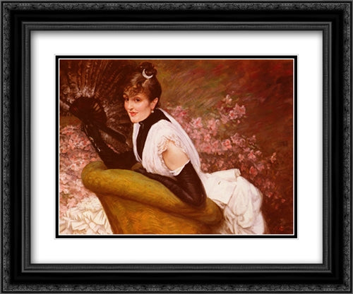 Portrait of a Woman at L'Eventail 24x20 Black Ornate Wood Framed Art Print Poster with Double Matting by Tissot, James