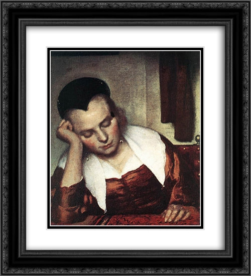 A Woman Asleep at Table [detail: 1] 20x22 Black Ornate Wood Framed Art Print Poster with Double Matting by Vermeer, Johannes