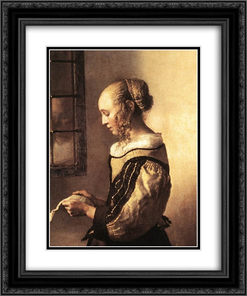 Girl Reading a Letter at an Open Window [detail: 1] 20x24 Black Ornate Wood Framed Art Print Poster with Double Matting by Vermeer, Johannes