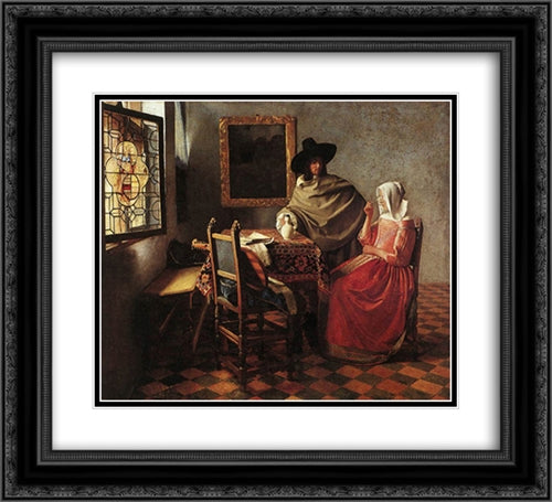 A Lady Drinking and a Gentleman 22x20 Black Ornate Wood Framed Art Print Poster with Double Matting by Vermeer, Johannes