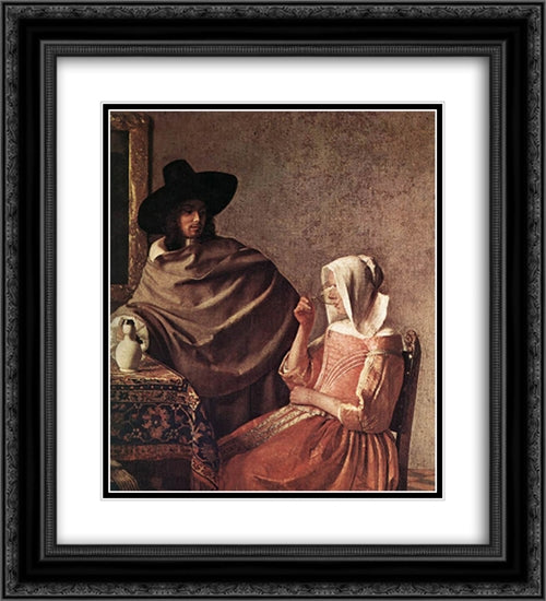 A Lady Drinking and a Gentleman [detail: 1] 20x22 Black Ornate Wood Framed Art Print Poster with Double Matting by Vermeer, Johannes