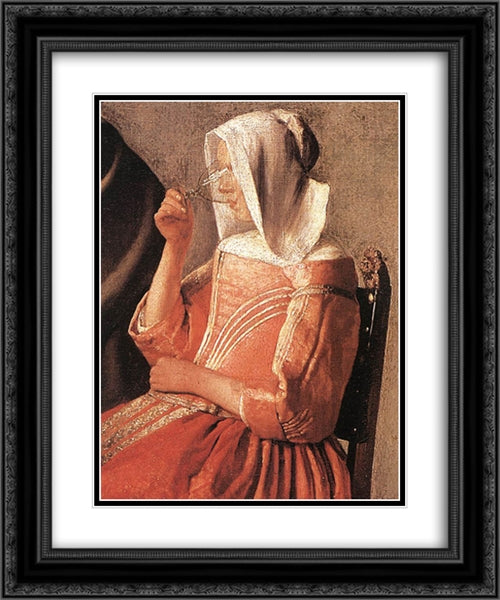 A Lady Drinking and a Gentleman [detail: 2] 20x24 Black Ornate Wood Framed Art Print Poster with Double Matting by Vermeer, Johannes