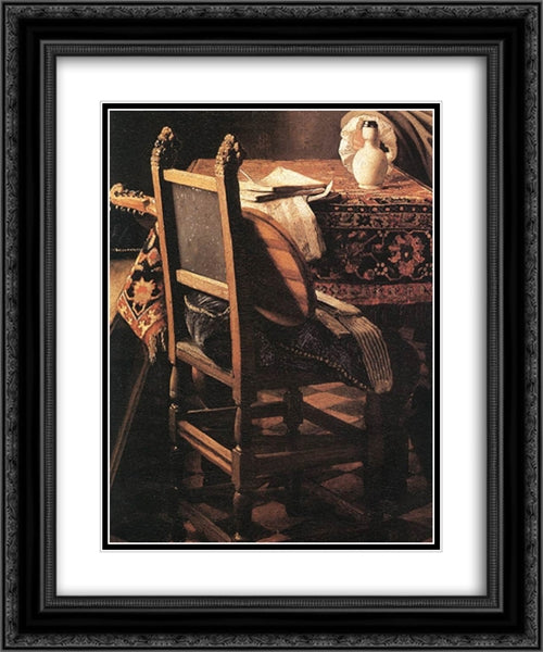 A Lady Drinking and a Gentleman [detail: 3] 20x24 Black Ornate Wood Framed Art Print Poster with Double Matting by Vermeer, Johannes