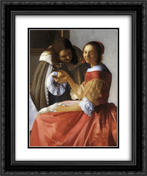 A Lady and Two Gentlemen [detail: 1] 20x24 Black Ornate Wood Framed Art Print Poster with Double Matting by Vermeer, Johannes