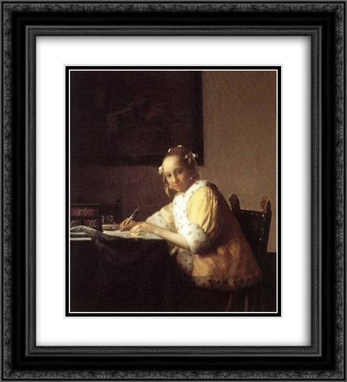 A Lady Writing a Letter 20x22 Black Ornate Wood Framed Art Print Poster with Double Matting by Vermeer, Johannes