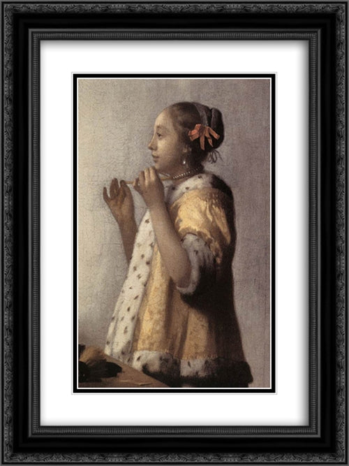 Woman with a Pearl Necklace [detail: 1] 18x24 Black Ornate Wood Framed Art Print Poster with Double Matting by Vermeer, Johannes