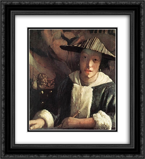 Young Girl with a Flute 20x22 Black Ornate Wood Framed Art Print Poster with Double Matting by Vermeer, Johannes
