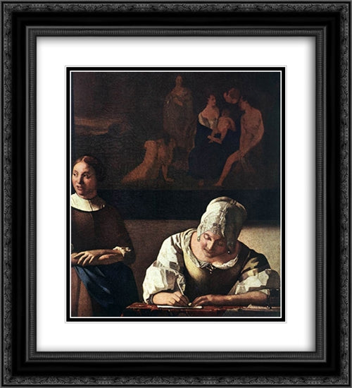 Lady Writing a Letter with Her Maid [detail: 1] 20x22 Black Ornate Wood Framed Art Print Poster with Double Matting by Vermeer, Johannes