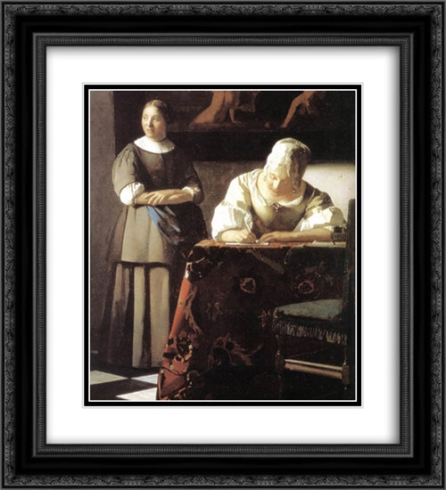 Lady Writing a Letter with Her Maid [detail: 2] 20x22 Black Ornate Wood Framed Art Print Poster with Double Matting by Vermeer, Johannes