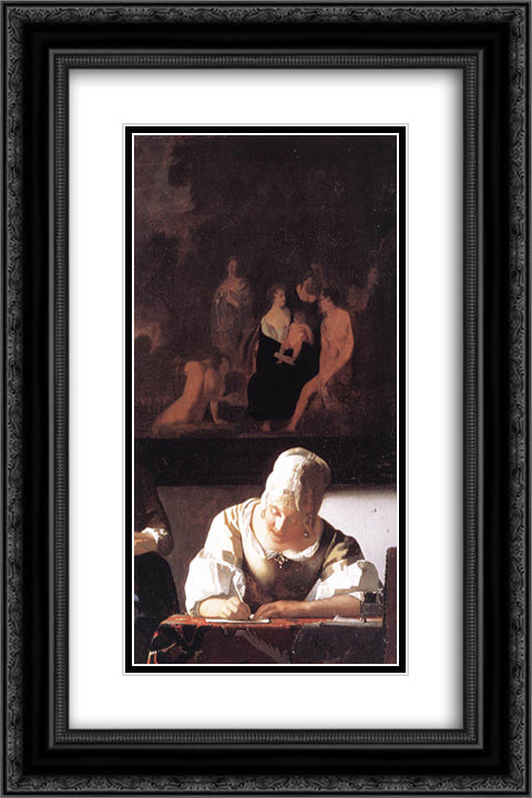 Lady Writing a Letter with Her Maid [detail: 3] 16x24 Black Ornate Wood Framed Art Print Poster with Double Matting by Vermeer, Johannes