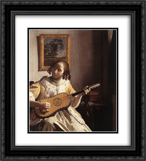 The Guitar Player 20x22 Black Ornate Wood Framed Art Print Poster with Double Matting by Vermeer, Johannes
