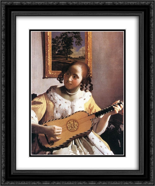The Guitar Player [detail: 1] 20x24 Black Ornate Wood Framed Art Print Poster with Double Matting by Vermeer, Johannes