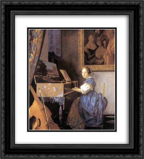 Lady Seated at a Virginal 20x22 Black Ornate Wood Framed Art Print Poster with Double Matting by Vermeer, Johannes