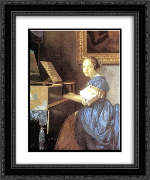Lady Seated at a Virginal [detail: 1] 20x24 Black Ornate Wood Framed Art Print Poster with Double Matting by Vermeer, Johannes
