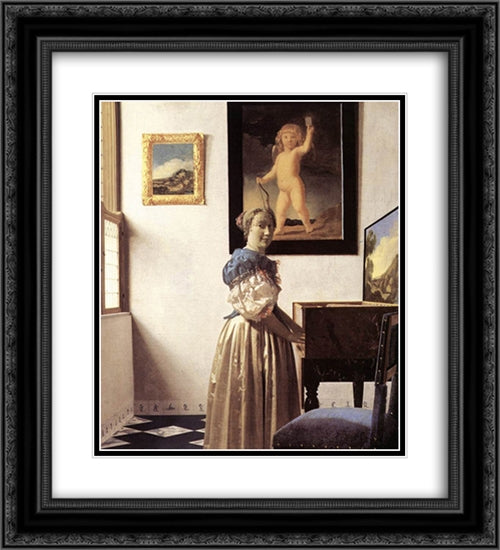 Lady Standing at a Virginal 20x22 Black Ornate Wood Framed Art Print Poster with Double Matting by Vermeer, Johannes