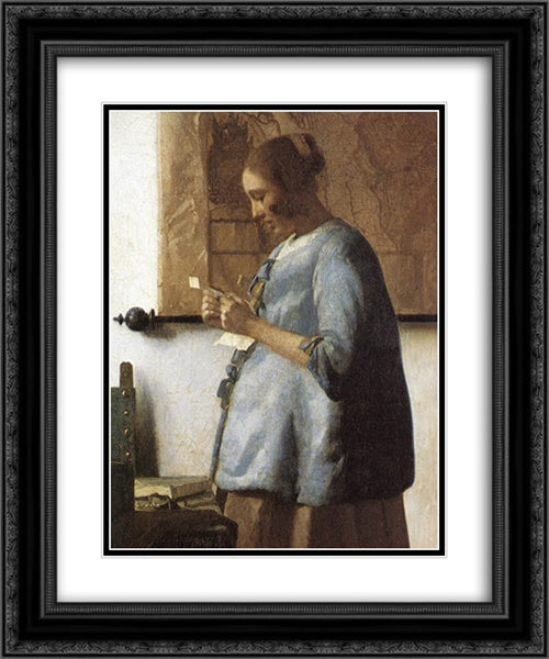 Woman in Blue Reading a Letter [detail: 1] 20x24 Black Ornate Wood Framed Art Print Poster with Double Matting by Vermeer, Johannes