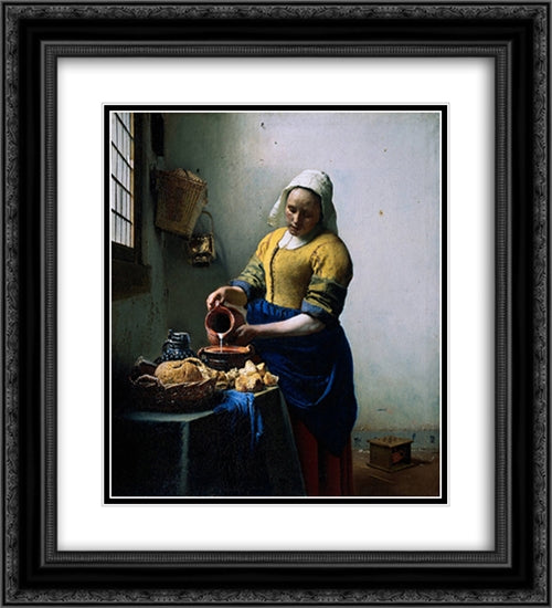The Kitchen Maid 20x22 Black Ornate Wood Framed Art Print Poster with Double Matting by Vermeer, Johannes