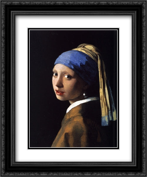 Girl with a pearl earring 20x24 Black Ornate Wood Framed Art Print Poster with Double Matting by Vermeer, Johannes