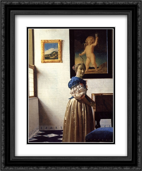 Young Woman Standing at a Virginal 20x24 Black Ornate Wood Framed Art Print Poster with Double Matting by Vermeer, Johannes