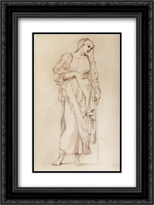 Study Of A Standing Female Figure Holding A Staff 18x24 Black Ornate Wood Framed Art Print Poster with Double Matting by Burne Jones, Edward