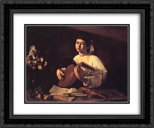 Lute Player 24x20 Black Ornate Wood Framed Art Print Poster with Double Matting by Caravaggio