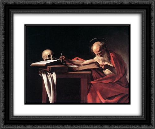 St. Jerome 24x20 Black Ornate Wood Framed Art Print Poster with Double Matting by Caravaggio