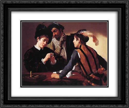 The Cardsharps 24x20 Black Ornate Wood Framed Art Print Poster with Double Matting by Caravaggio