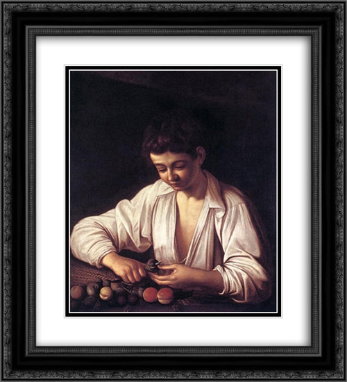 Boy Peeling a Fruit 20x22 Black Ornate Wood Framed Art Print Poster with Double Matting by Caravaggio