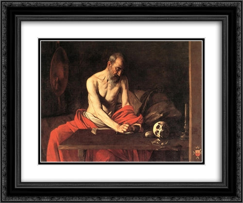 St. Jerome 24x20 Black Ornate Wood Framed Art Print Poster with Double Matting by Caravaggio